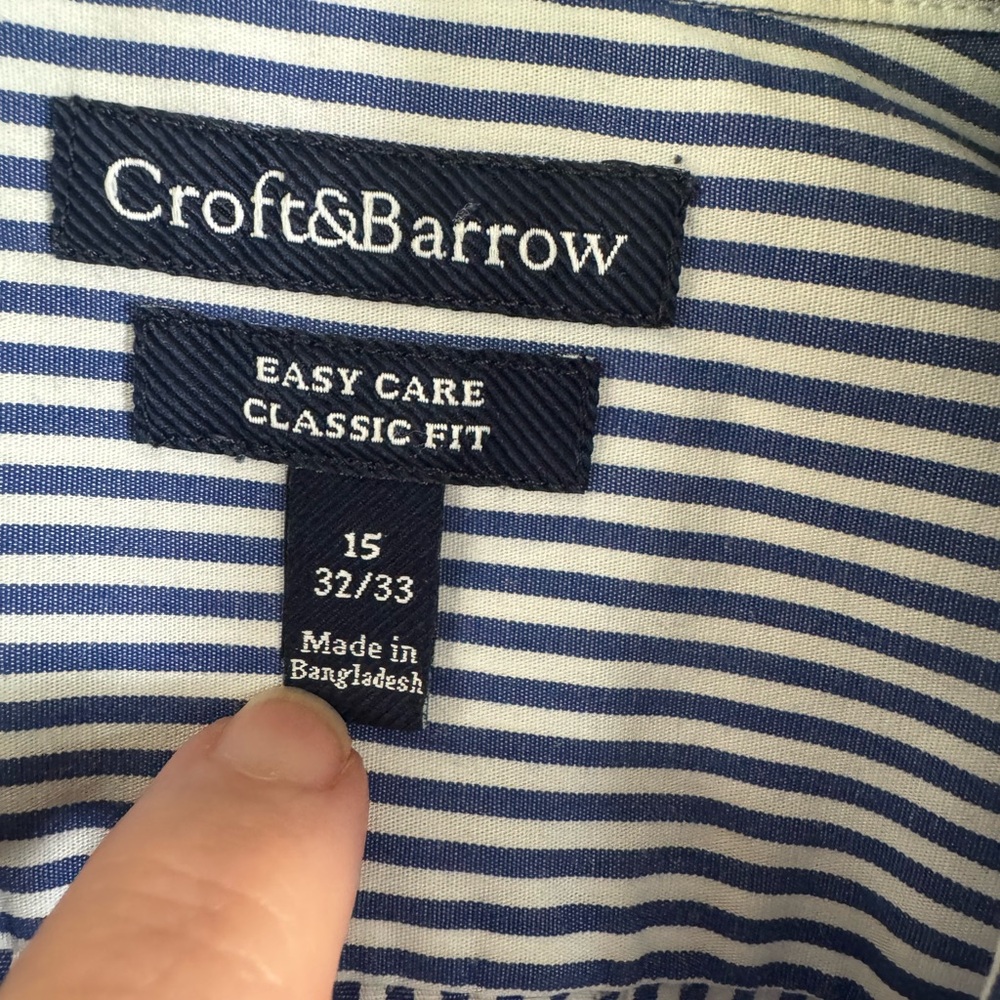 Croft & Barrow Blue Striped Men's Shirt Button Down Collar Size 15 32/33 - Picture 2 of 2